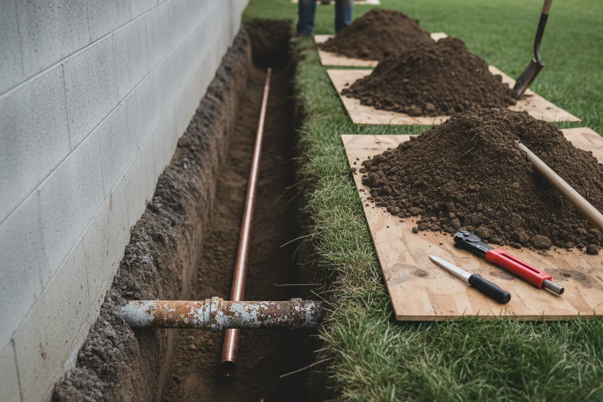 Excavated water line trench during Sewer Line Repair in Cle Elum